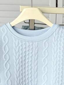 SHEIN Tween Girls' Casual Sporty Versatile All-Match Knit Cable Textured Crew Neck Cropped Loose Pullover Sweatshirt - Baby Blue - View 4
