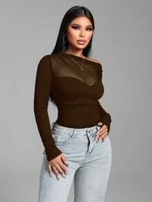 Zolique Sexy Black Asymmetric Shoulder Mesh Patchwork Ruched Bodysuit For Women - Coffee Brown - View 3