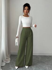 Elenzga Women's Pink Bamboo Fabric Waist Front Overlay Buckle Design Elegant Teacher Uniform Professional Casual, Thanksgiving, Halloween Essential Versatile Loose Flowy Straight Leg Pants - Army Green - View 6