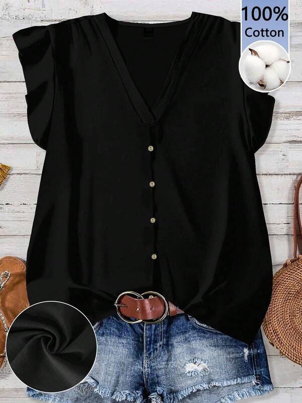 EMERY ROSE 100% Cotton Women's Casual Simple Black Shirt, Suitable For Summer Chic Blouses For Women, Casual, Suitable For Autumn And Winter, Cardigan Jacket, Romantic Style, Country Vintage, Vacations, Casual O