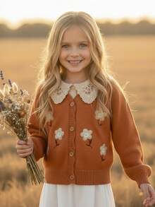 Blossori Young Girls' French Elegant Floral Embroidered Button-Front Knit Cardigan, Little Girls Button Up Sweater,Cozy Fall & Winter Styles - Yellow - View 1