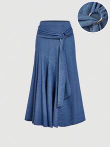 Sweetra Women's Casual Daily Denim Skirt With Circle Detail And Fishtail Hem - Blue - View 1