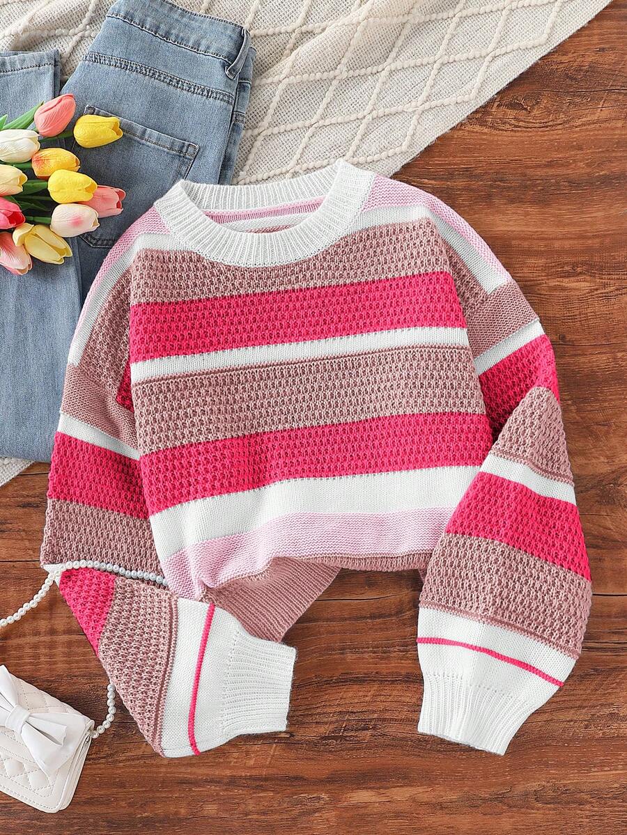 Sparklyn Colorful Striped Sweater, Casual Style, Fashionable Knit Top For Teen Girl Suitable For Autumn/Winter Cropped Sweater Tween Girl Clothes Sweater Girl Clothes Autumn And Winter Clothes Pink Sweater For Girls Sweater For Tweens Summer Clothes For Teens Sweater Pink Striped Sweater Girls Pink Sweater - Multicolor - View 1