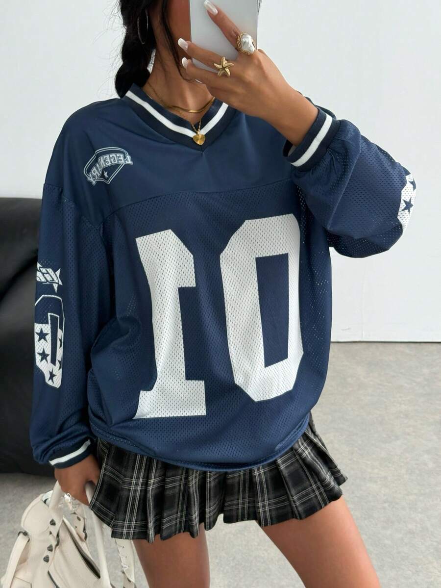 SHEIN Teen Girl Digital & Letter Print Soccer T-Shirt, Back To School, Suitable For Daily Wear