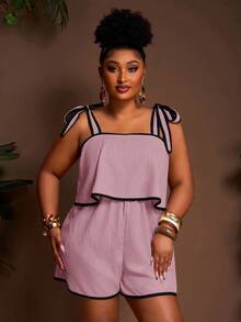 Veslaya 秋冬新品，女士秋冬服装，万圣节，音乐节，复活节，西部风，游牧风，生日派对，毕业典礼，学生装，日常休闲，度假，邮轮旅行，海滩，日光浴，时尚，大码女装卡其色罗纹吊带连体裤，黑色撞色两件套短款套装，早午餐两件套，休闲两件套，夏季两件套，女士舒适两件套 - 紫色 - 查看 7