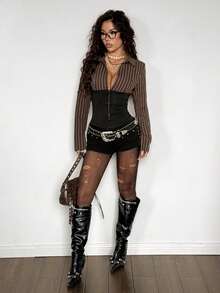 StreetHx 街头服饰女式条纹拼色腰部收紧长袖衬衫，秋季 - 棕色 - 查看 7