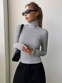 DAZY 女式条纹高领长袖T恤上衣 - 黑與白 - 查看 3