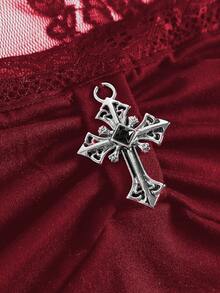 ROMWE Áo cánh tay loe cổ vuông thêu ren chữ thập Gothic, màu đỏ tía - Màu Đỏ Sâu - Xem 2