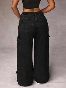 Jeanoix 大码休闲水洗低腰阔腿工装牛仔裤 - 藍色 - 查看 2