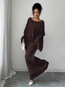 Elenzga 女士秋冬休闲针织毛衣上衣和镂空花卉图案开衫两件套，百搭优雅，适合外出、工作、上学、度假 - 咖啡棕 - 查看 7