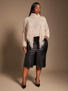SHEIN SXY Plus Size Women's New Arrival Autumn/Winter Pullover Sweater With Tassel Decor High Neck - Apricot - View 5