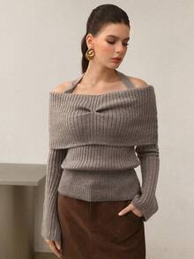 Modelyn Women's Autumn/Winter Fashionable Solid Color Foldover Halter Off Shoulder Fitted Sweater - Camel - View 3