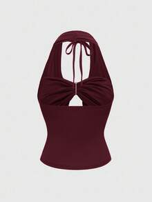 ROMWE J-Fashion Y2K Retro Ruched Waist Plunging Neck 2 In 1 Women Tank Top - Burgundy - View 2