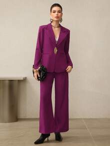 Modelyn Bộ vest nữ thanh lịch cổ khoét sâu, cài một hàng khuy và quần âu, trang phục đi làm cho mùa thu - Màu tím - Xem 4