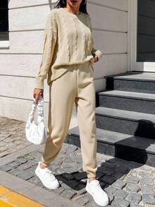 SHEIN Cottnline 女式純色圓領毛衣和長褲套裝 - 米色 - 查看 4