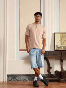 Manfinity VCAY Men's Casual Versatile Solid Color Short Sleeve T-Shirt - Khaki - View 4