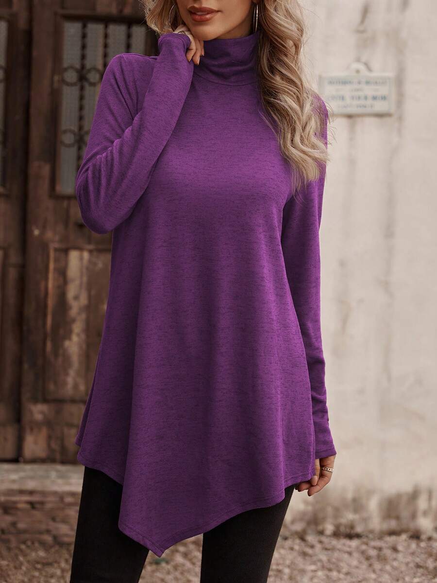 SHEIN LUNE Women's Casual Everyday Commute Minimalist Solid Color Turtleneck Long Sleeve Loose T-Shirt, Autumn/Winter - Red Violet - View 1