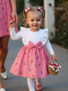 SHEIN Souflis Kleinkind Mädchen Rippkord Kleid mit Schleife, Blumen Rüschen Saum, Lässig Kleid, süß und niedlich für den Alltag und Urlaub