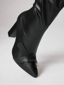 Sugerpunk Women's High Heel Boots, Versatile Elegant Pointed Toe Fashion PU Thick Heel Boots, Autumn/Winter - Black - View 3