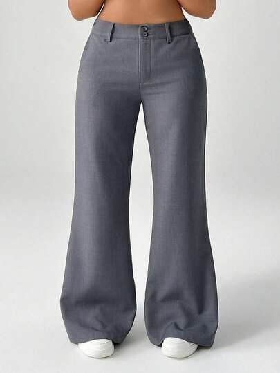 SHEIN EZwear 大码休闲简约风碎花灰色喇叭西装裤喇叭裤秋冬灰色裤子