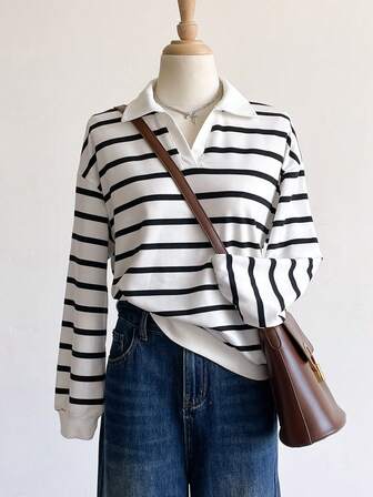 Sweetra Young Tween Girl Striped Drop Shoulder Long Sleeve Casual Loose Sweatshirt, Autumn