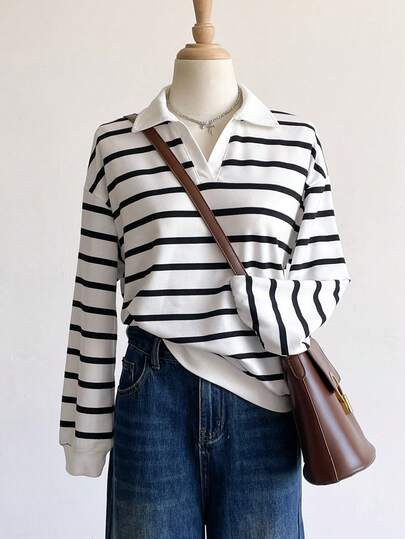 Sweetra Young Tween Girl Striped Drop Shoulder Long Sleeve Casual Loose Sweatshirt, Autumn