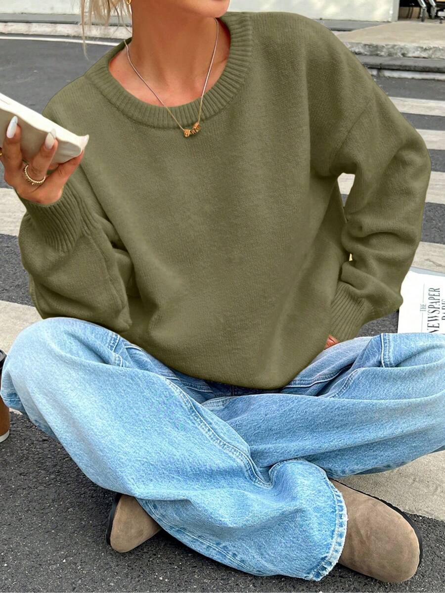 INAWLY 女士休闲纯色毛衣，秋冬 - 橄欖綠 - 查看 1