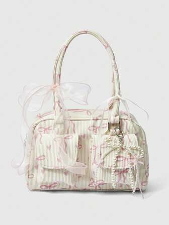 Kawaii حقيبة يد نسائية كبيرة السعة ذات طبعة قلب وفيونكة من الكوردوروي الوردي، ديكور خرز كاواييي