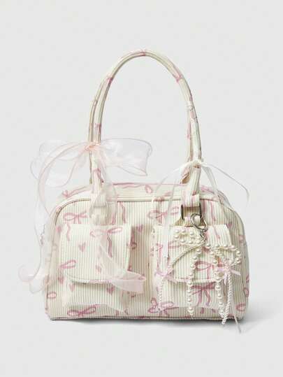 1 pieza Bolso de mano de mujer estilo Kawaii con lazo de terciopelo rosa, estampado de corazón y decoración de perlas, de gran capacidad