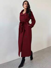 Firerie 女式卡其色翻领仿皮袖收腰双排扣中长款风衣，长袖风衣，春秋冬，通勤，优雅，休闲，工作服 - 酒紅色 - 查看 5