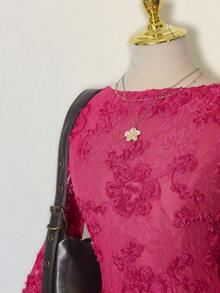 SHEIN ICON Women's Elegant Backless Lace Patchwork Flare Sleeve Ruffle Hem Mini Dress, Solid Cream Color - Hot Pink - View 5