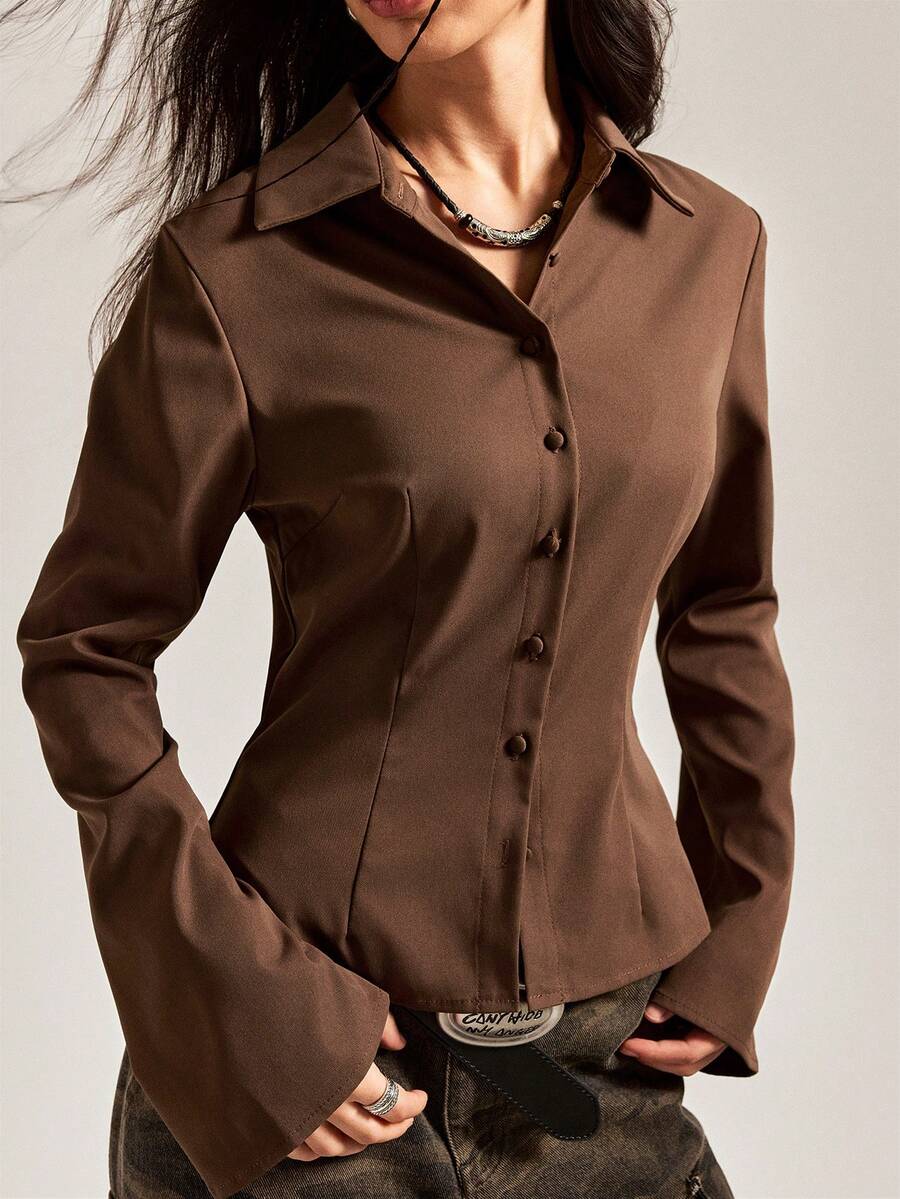 Easelle 女式休闲咖啡棕色梭织喇叭袖衬衫,秋季 - 卡其色 - 查看 1