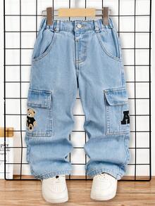 男童休闲宽松直筒牛仔裤，可爱刺绣图案，中蓝色水洗牛仔布，适合小男孩，春秋新品 - 淺色水洗藍 - 查看 1