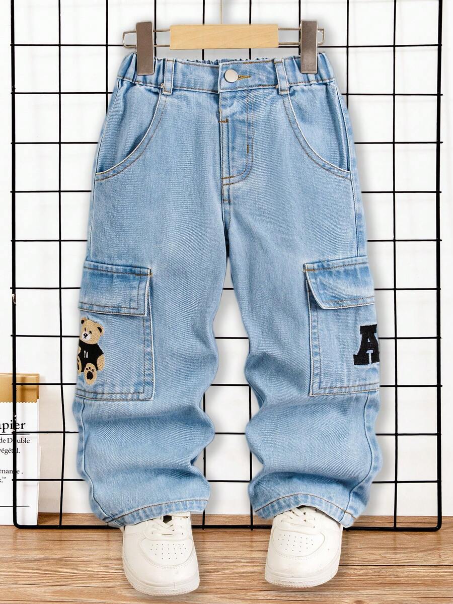 男童休闲宽松直筒牛仔裤，可爱刺绣图案，中蓝色水洗牛仔布，适合小男孩，春秋新品 - 淺色水洗藍 - 查看 1