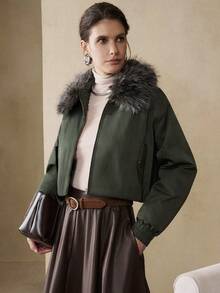 EMERY ROSE Women's Short Quilted Detachable Fur Collar Design Slanted Pockets Daily Commuting Cotton Jacket Winter Daily Commuting Autumn Jacket - Army Green - View 3