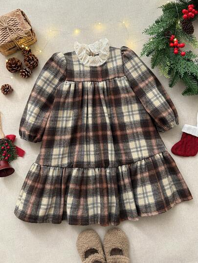 Blossori Young Girls' French Elegant Ruffle Collar Plaid Long Sleeve Dress