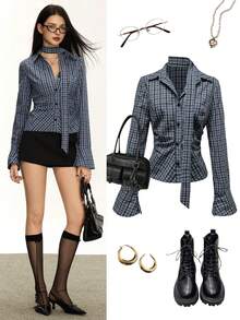 Rina Fox Áo sơ mi dài tay xếp ly cổ điển ôm vừa vặn, thiết kế theo phong cách Mỹ - Màu xanh lam - Xem 1