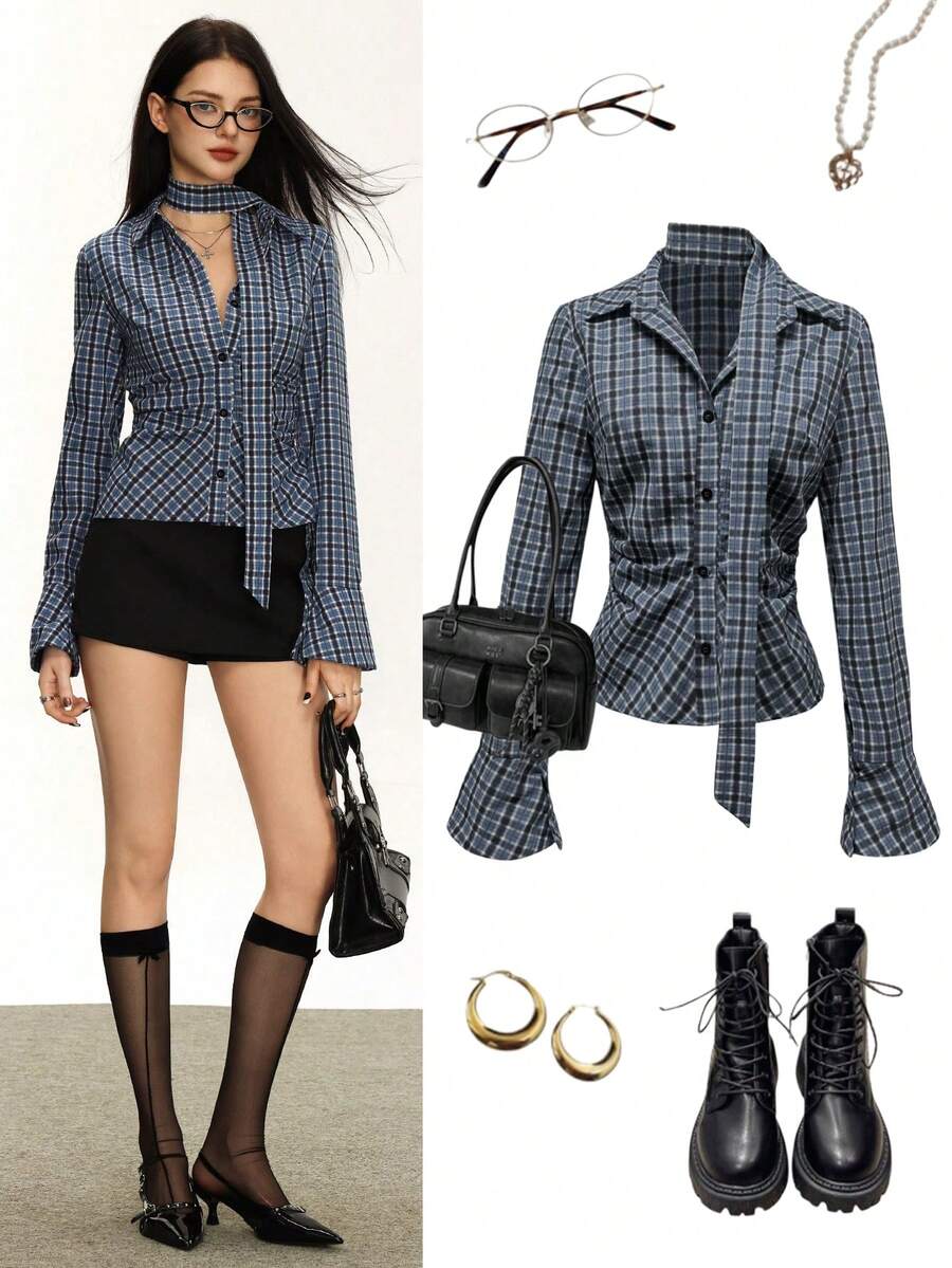 Rina Fox Áo sơ mi dài tay xếp ly cổ điển ôm vừa vặn, thiết kế theo phong cách Mỹ - Màu xanh lam - Xem 1