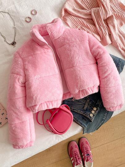 Girls' Solid Color Fluffy Thick Waist Drawstring Hooded Jacket, Dirt-Resistant, Stylish Street Wear For Outdoor Activities And Daily Use, Y2K Cool White Padded Coat For Winter