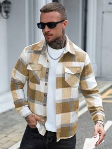 Manfinity Homme 男士休闲复古格子纽扣大衣，秋季款，送给男友和老公的完美节日礼物，男士法兰绒衬衫，冬季款 - 黃色 - 查看 5
