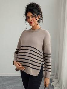 Momance 宽松条纹立领落肩长袖开衩休闲针织孕妇毛衣 - 摩卡棕 - 查看 1