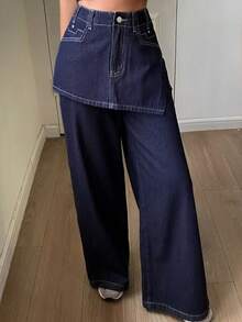 DAZY 2pcs Western Cowgirl Loose Wide Leg Pants & Skirt Set, Casual Street Style For Women, Autumn/Winter Women Jeans - Blue - View 6