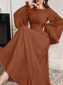 Modelyn Women's Elegant Waist Tie Flared Sleeve Ruffle Hem Dress - Brown - View 4