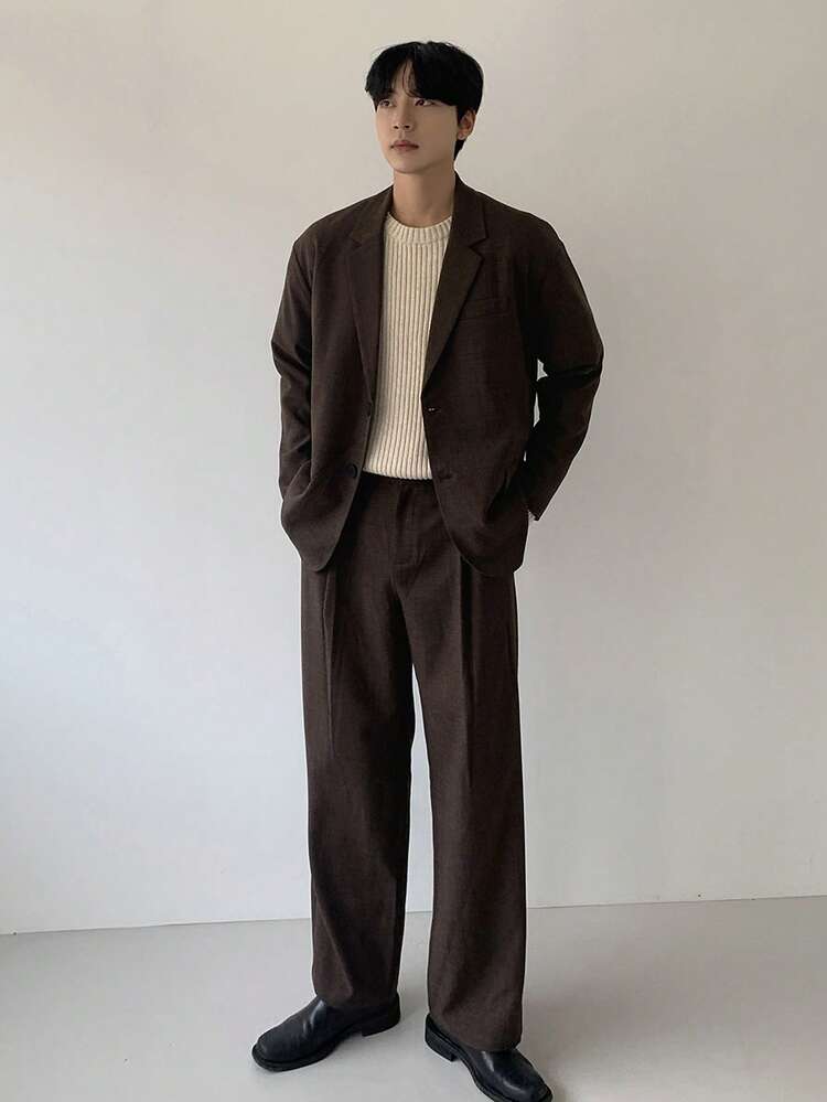 Men's Solid Color Loose Fit Brown Commuter Style Suit Set, Autumn Business Attire