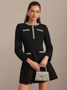 Enchnt Váy ngắn vải tweed đính sequin đen lãng mạn với điểm nhấn ngọc trai tinh tế, hoàn hảo cho mùa thu đông. Thiết kế tay dài theo phong cách công chúa, toát lên vẻ thanh lịch và phong cách. Thích hợp cho các buổi tiệc tùng, hẹn hò, ngày lễ, lễ tốt nghiệp, sự kiện công sở, dã ngoại, Halloween, Giáng sinh và các dịp khác. Cũng phù hợp với trang phục nữ mùa thu, trang phục mùa thu, bộ vest mùa thu, lễ hội hóa trang và trang phục năm mới. - màu đen - Xem 3