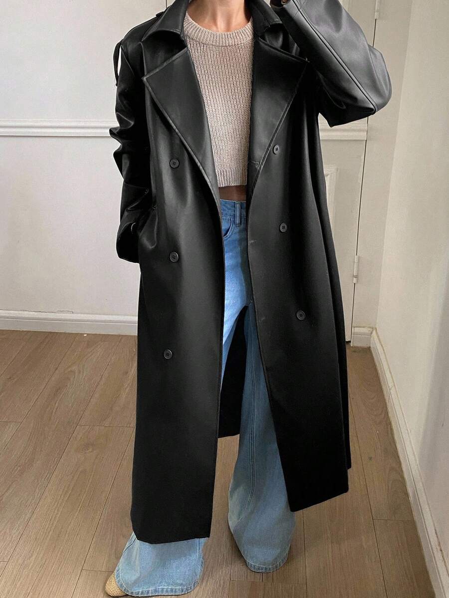 Livesso 新款秋冬宽松休闲加厚优雅装饰PU长款女式外套皮夹克女式大衣 - 黑色 - 查看 1