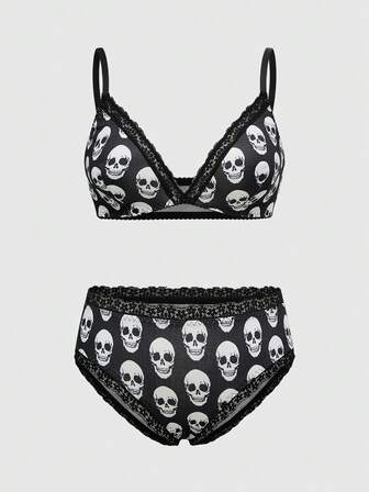 Ensemble soutien-gorge et culotte gothique imprimé squelette avec dentelle pour femmes grandes tailles, style Halloween