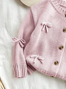 SHEIN Apricot Bowknot Cardigan, Cute & Versatile For Baby Girls, Autumn/Winter - Pink - View 4