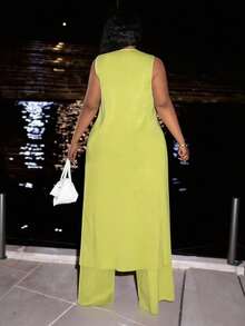 Veslaya New Autumn And Winter Styles 2025 New Women's Plus Size Solid Color/Minimalist/Elegant/Commute Fitted Knit Cardigan And Wide Leg Pants Set, Lime Wide Leg, Suitable For Daily Wear, Outing, Airport, Photo Shoot, Party Two Pieces Pant Set Summer Pant Set 2 Pieces Set