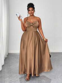 Maweii Plus Size Women Solid Color Ruched Waist Hollow Out Camisole Dress - Mocha Brown - View 5